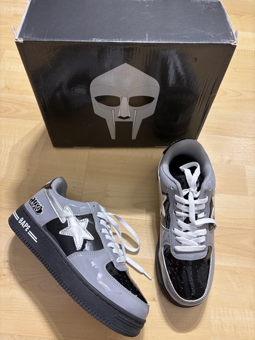 *Custom bapesta Black and Gray Patent Leather Sta-Style Sneakers MF doom